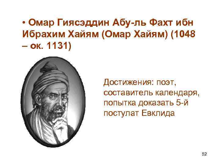  • Омар Гиясэддин Абу-ль Фахт ибн Ибрахим Хайям (Омар Хайям) (1048 – ок.