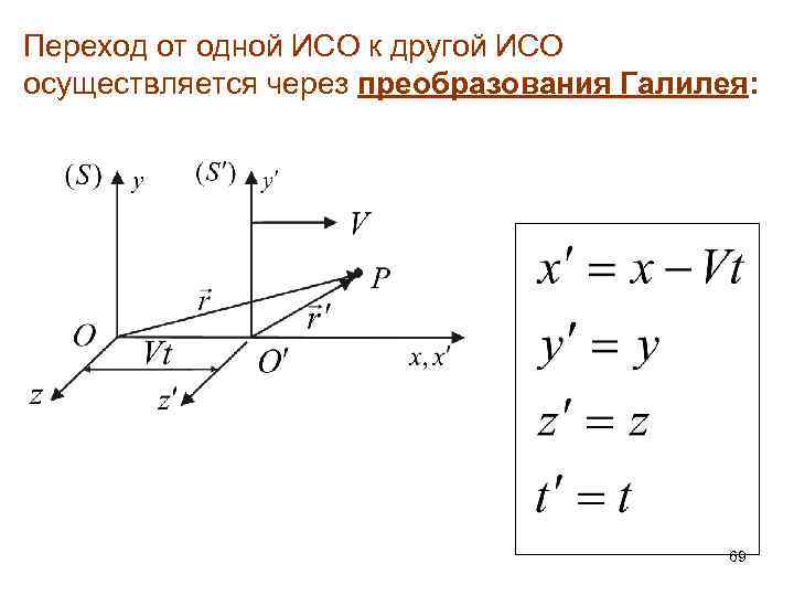 Переход от одной ИСО к другой ИСО осуществляется через преобразования Галилея: 69 