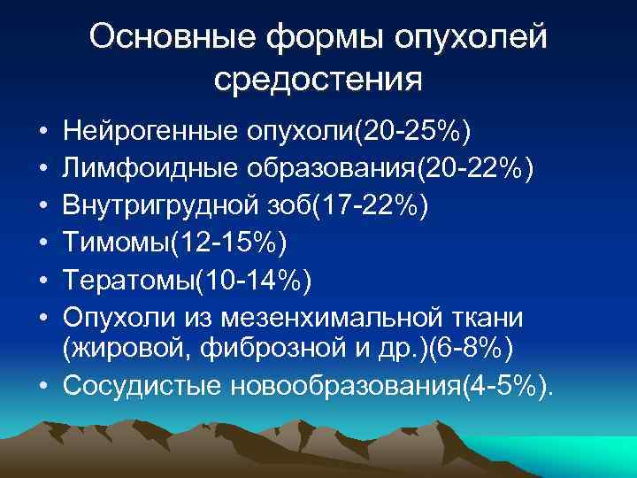 Основные формы опухолей средостения • • • Нейрогенные опухоли(20 -25%) Лимфоидные образования(20 -22%) Внутригрудной