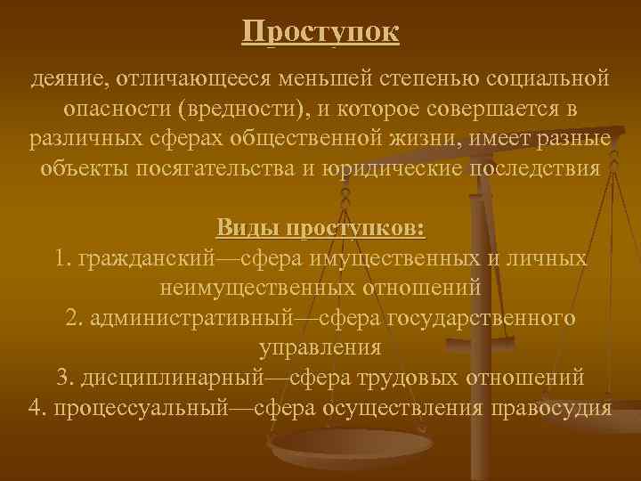 Проступок деяние, отличающееся меньшей степенью социальной опасности (вредности), и которое совершается в различных сферах