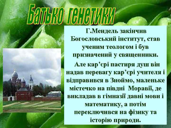 Г. Мендель закінчив Богословський інститут, став ученим теологом і був призначений у священники. Але