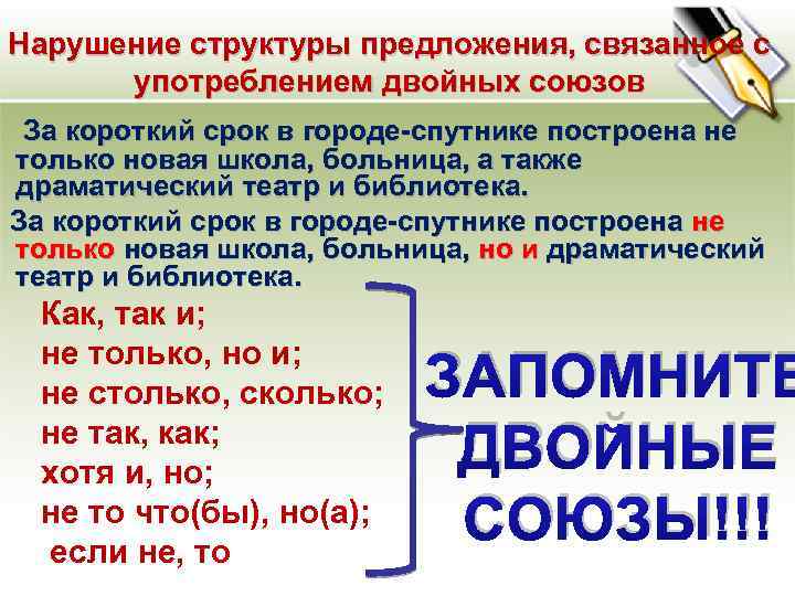 Нарушение структуры предложения, связанное с употреблением двойных союзов За короткий срок в городе-спутнике построена