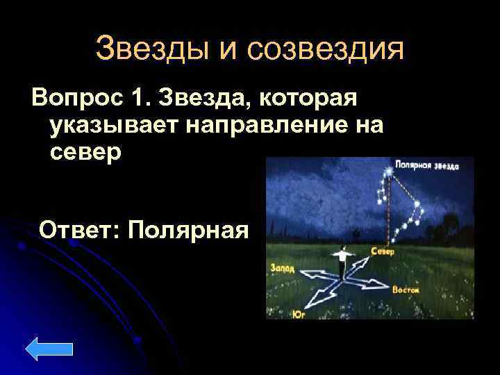 Звезды и созвездия Вопрос 1. Звезда, которая указывает направление на север Ответ: Полярная 