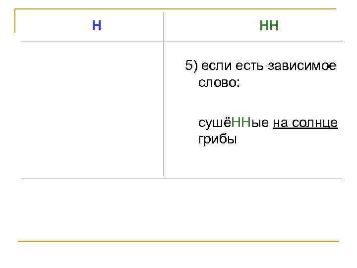 Н НН 5) если есть зависимое слово: сушёННые на солнце грибы 