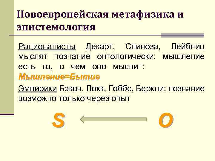 Новоевропейская метафизика и эпистемология Рационалисты Декарт, Спиноза, Лейбниц мыслят познание онтологически: мышление есть то,