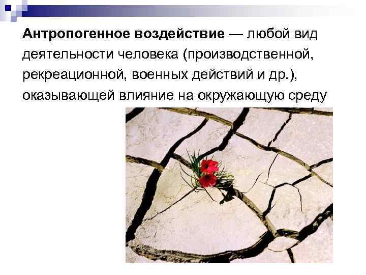 Антропогенное воздействие — любой вид деятельности человека (производственной, рекреационной, военных действий и др. ),