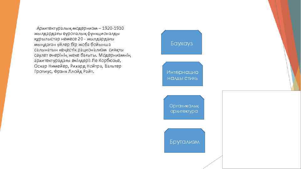  Архитектуралық модернизм – 1920 -1930 жылдардағы еуропалық функционалды құрылыстар немесе 20 - жылдардағы