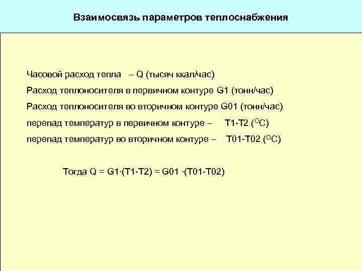 Взаимосвязь параметров теплоснабжения Часовой расход тепла – Q (тысяч ккал/час) Расход теплоносителя в первичном