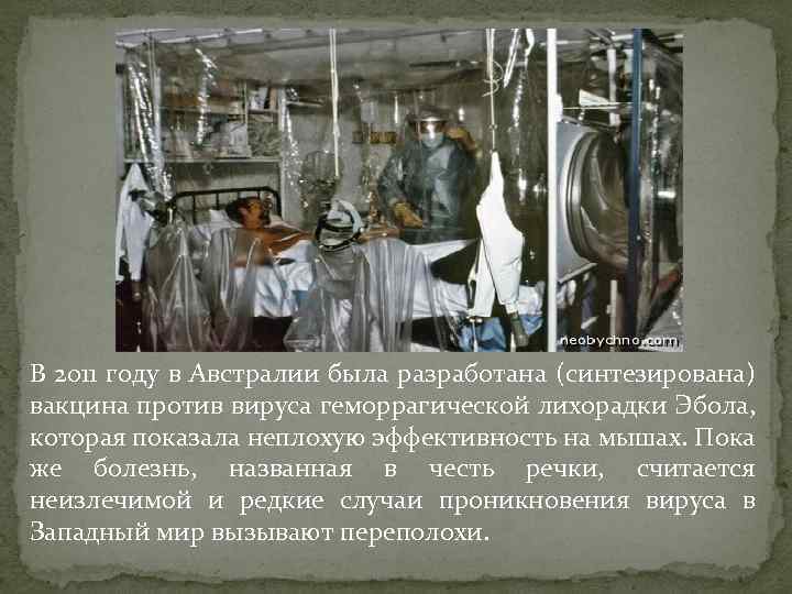 В 2011 году в Австралии была разработана (синтезирована) вакцина против вируса геморрагической лихорадки Эбола,