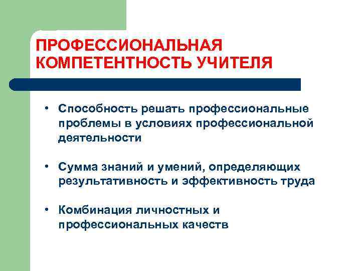 ПРОФЕССИОНАЛЬНАЯ КОМПЕТЕНТНОСТЬ УЧИТЕЛЯ • Способность решать профессиональные проблемы в условиях профессиональной деятельности • Сумма