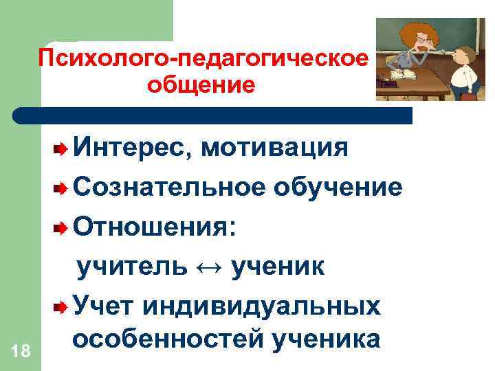 Психолого-педагогическое общение 18 Интерес, мотивация Сознательное обучение Отношения: учитель ↔ ученик Учет индивидуальных особенностей