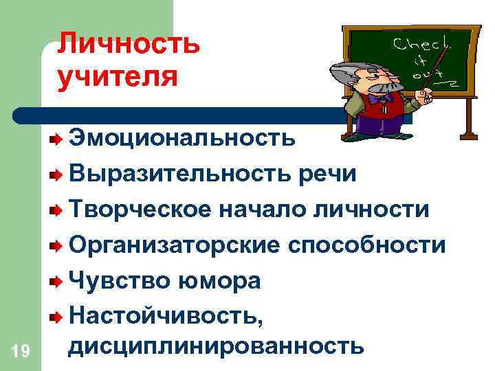 Личность учителя 19 Эмоциональность Выразительность речи Творческое начало личности Организаторские способности Чувство юмора Настойчивость,