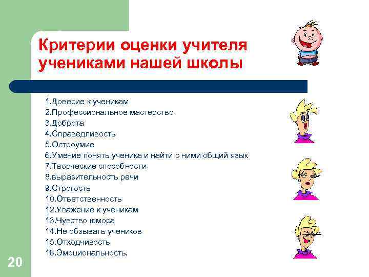Критерии оценки учителя учениками нашей школы 20 1. Доверие к ученикам 2. Профессиональное мастерство