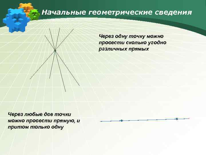 Начальные геометрические сведения Через одну точку можно провести сколько угодно различных прямых Через любые