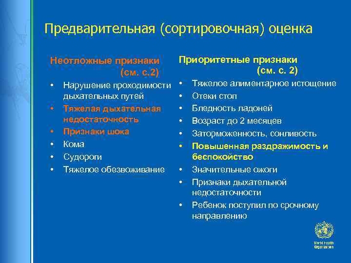 Предварительная (сортировочная) оценка Неотложные признаки (см. с. 2) Приоритетные признаки (см. с. 2) •