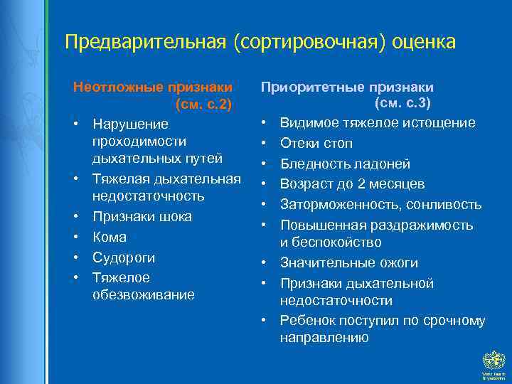 Предварительная (сортировочная) оценка Неотложные признаки (см. с. 2) • Нарушение проходимости дыхательных путей •