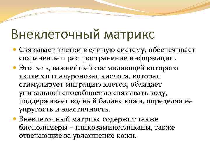 Внеклеточный матрикс Связывает клетки в единую систему, обеспечивает сохранение и распространение информации. Это гель,