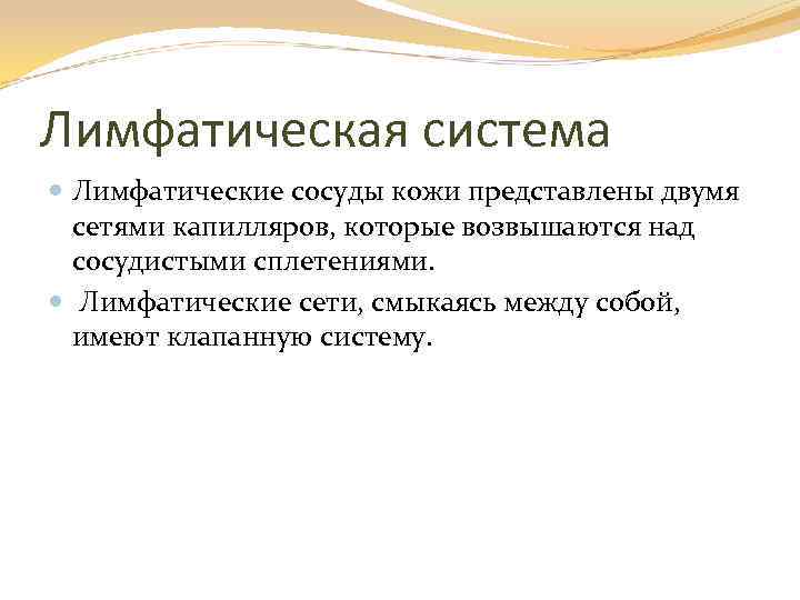 Лимфатическая система Лимфатические сосуды кожи представлены двумя сетями капилляров, которые возвышаются над сосудистыми сплетениями.