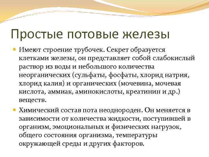 Простые потовые железы Имеют строение трубочек. Секрет образуется клетками железы, он представляет собой слабокислый