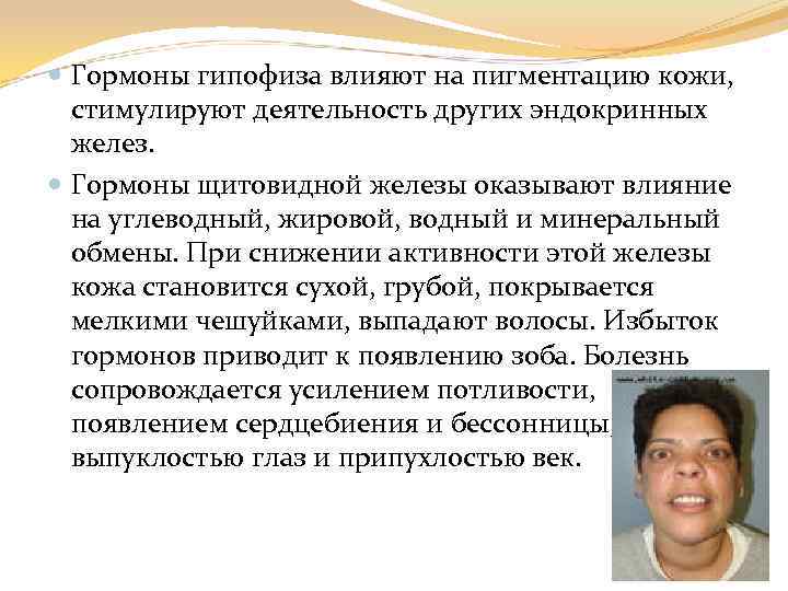  Гормоны гипофиза влияют на пигментацию кожи, стимулируют деятельность других эндокринных желез. Гормоны щитовидной