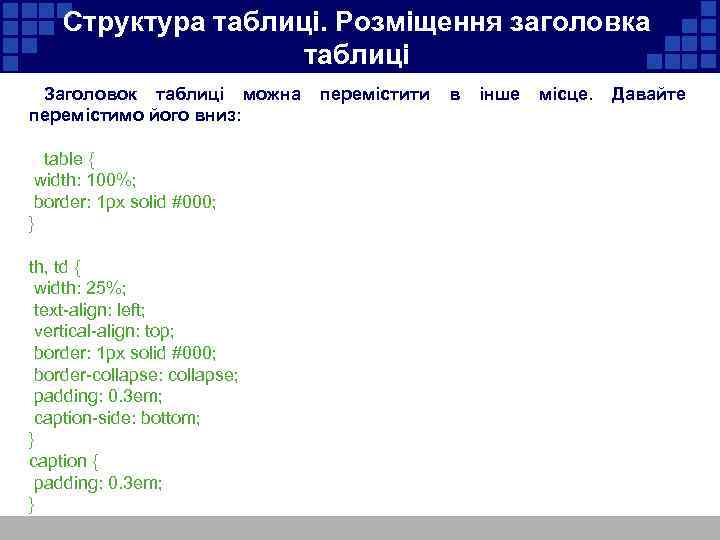 Структура таблиці. Розміщення заголовка таблиці Заголовок таблиці можна перемістимо його вниз: table { width: