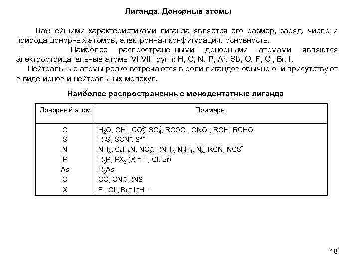 Лиганда. Донорные атомы Важнейшими характеристиками лиганда является его размер, заряд, число и природа донорных