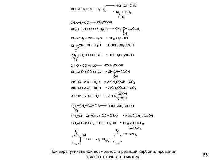 Примеры уникальной возможности реакции карбонилирования как синтетического метода 56 