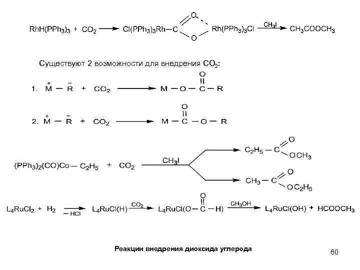 Существуют 2 возможности для внедрения СО 2: Реакции внедрения диоксида углерода 60 