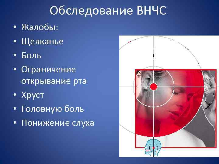 Обследование ВНЧС Жалобы: Щелканье Боль Ограничение открывание рта • Хруст • Головную боль •