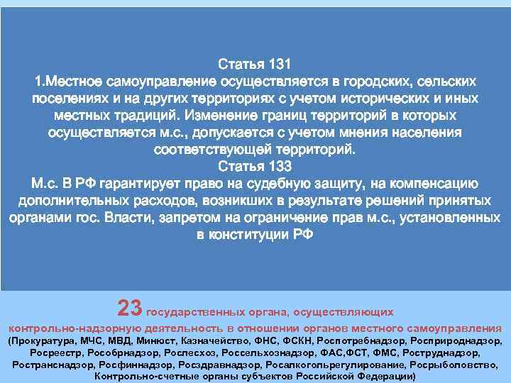 Статья 131 1. Местное самоуправление осуществляется в городских, сельских поселениях и на других территориях