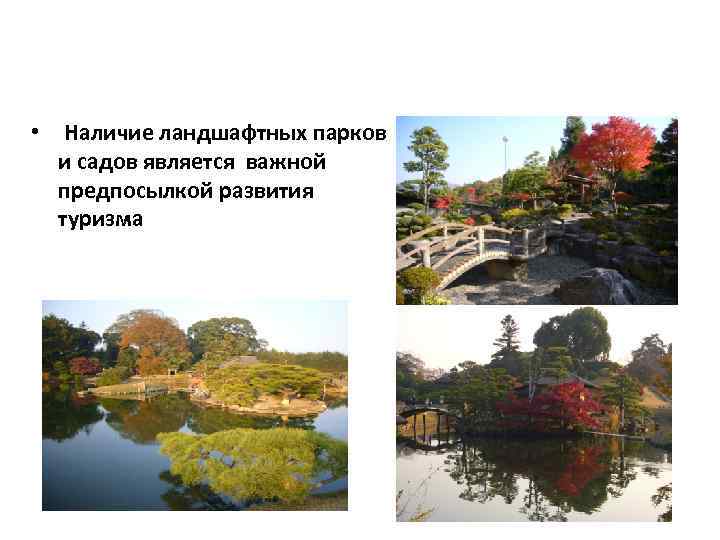  • Наличие ландшафтных парков и садов является важной предпосылкой развития туризма 