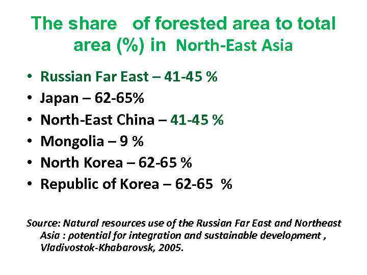 The share of forested area to total area (%) in North-East Asia • •