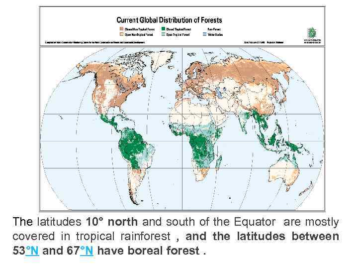The latitudes 10° north and south of the Equator are mostly covered in tropical