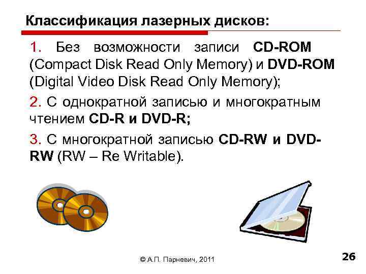 Классификация лазерных дисков: 1. Без возможности записи CD-ROM (Compact Disk Read Only Memory) и