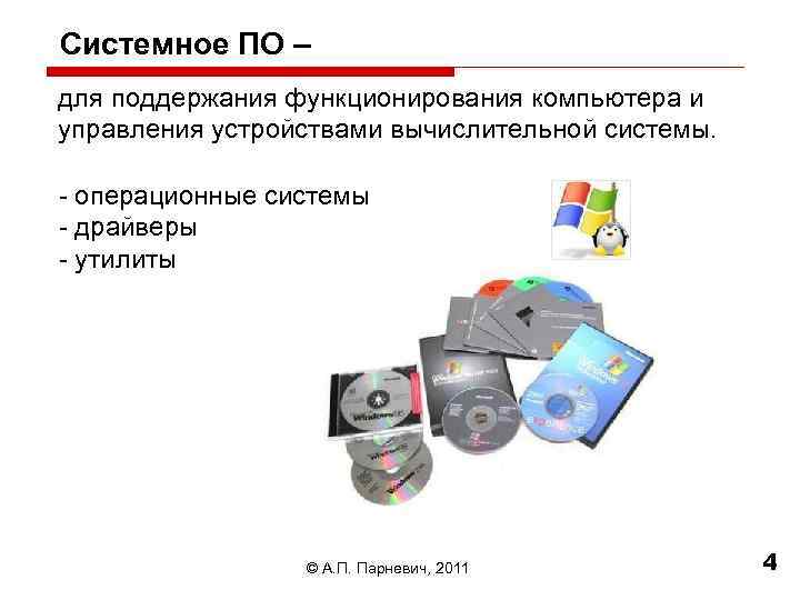 Системное ПО – для поддержания функционирования компьютера и управления устройствами вычислительной системы. - операционные