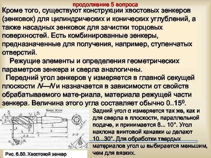 продолжение 5 вопроса Кроме того, существуют конструкции хвостовых зенкеров (зенковок) для цилиндрических и конических