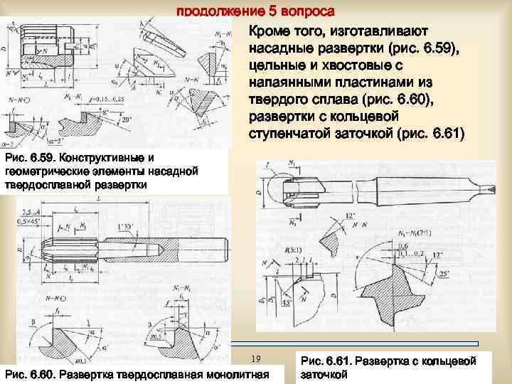 продолжение 5 вопроса Кроме того, изготавливают насадные развертки (рис. 6. 59), цельные и хвостовые