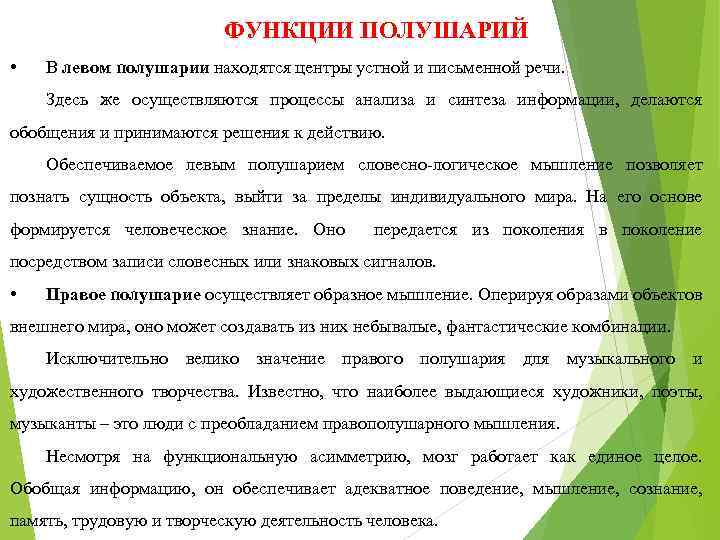 ФУНКЦИИ ПОЛУШАРИЙ • В левом полушарии находятся центры устной и письменной речи. Здесь же