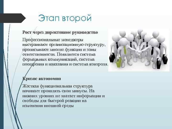 Этап второй Рост через директивное руководство Профессиональные менеджеры выстраивают организационную структуру, прописывают многие функции