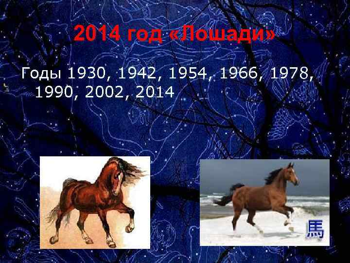 2014 год «Лошади» Годы 1930, 1942, 1954, 1966, 1978, 1990, 2002, 2014 
