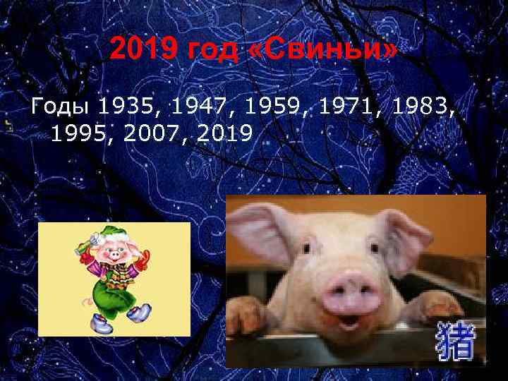 2019 год «Свиньи» Годы 1935, 1947, 1959, 1971, 1983, 1995, 2007, 2019 