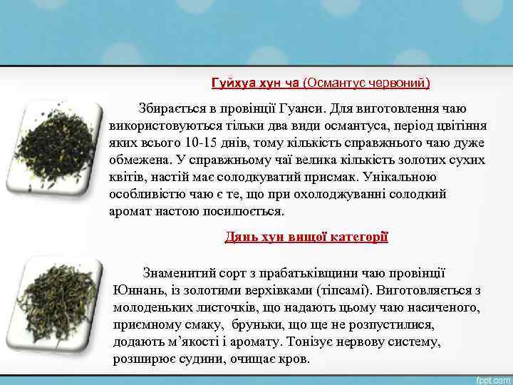 Гуйхуа хун ча (Османтус червоний) Збирається в провінції Гуанси. Для виготовлення чаю використовуються тільки