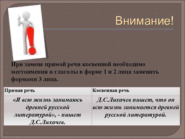 Внимание! При замене прямой речи косвенной необходимо местоимения и глаголы в форме 1 и