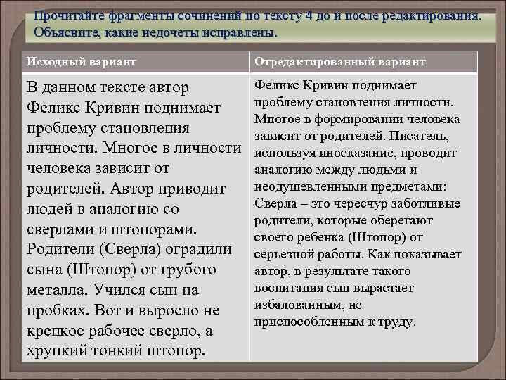 Прочитайте фрагменты сочинений по тексту 4 до и после редактирования. Объясните, какие недочеты исправлены.