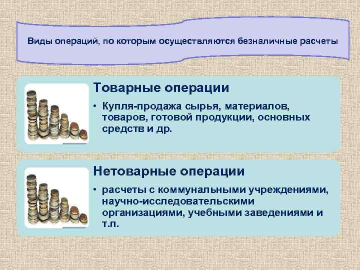 Виды операций, по которым осуществляются безналичные расчеты Товарные операции • Купля-продажа сырья, материалов, товаров,