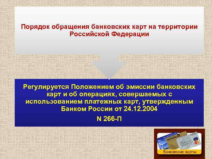 Порядок обращения банковских карт на территории Российской Федерации Регулируется Положением об эмиссии банковских карт