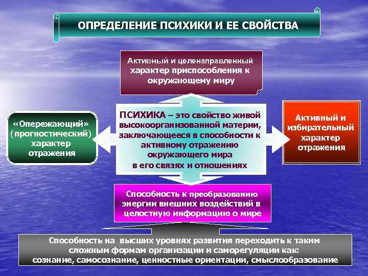 ОПРЕДЕЛЕНИЕ ПСИХИКИ И ЕЕ СВОЙСТВА Активный и целенаправленный характер приспособления к окружающему миру «Опережающий»