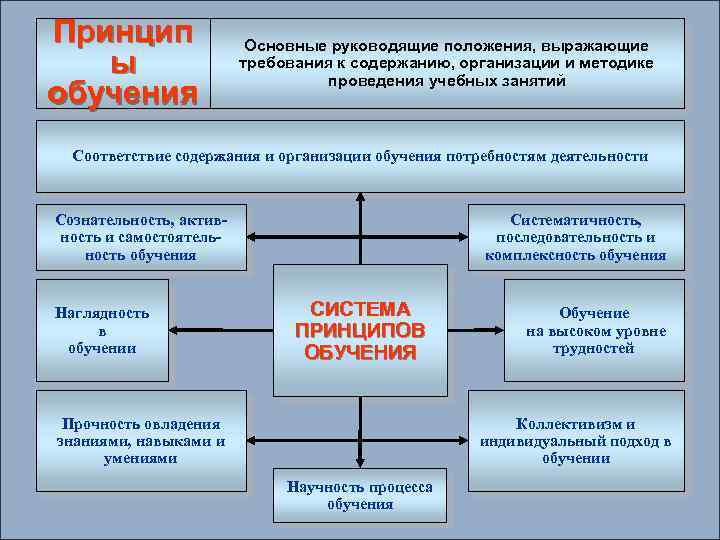 Принцип ы обучения Основные руководящие положения, выражающие требования к содержанию, организации и методике проведения