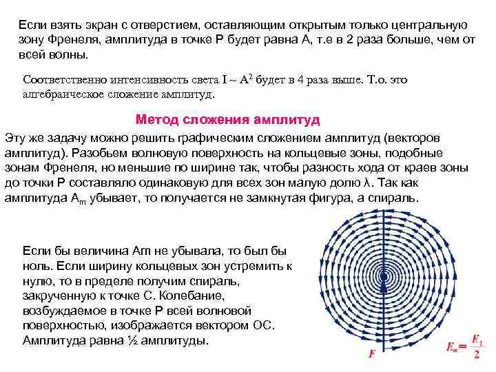 Если взять экран с отверстием, оставляющим открытым только центральную зону Френеля, амплитуда в точке