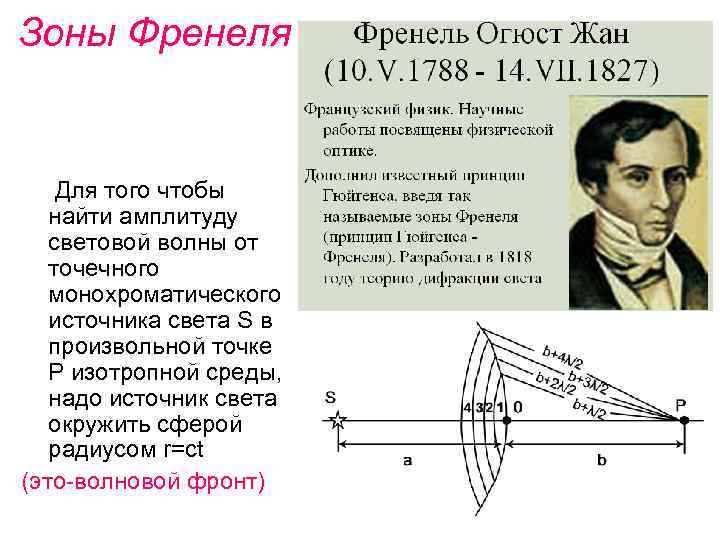 Зоны Френеля Для того чтобы найти амплитуду световой волны от точечного монохроматического источника света